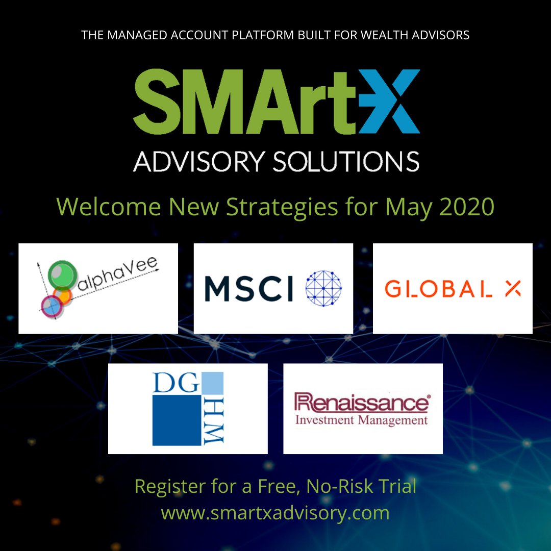 SMArtXAdvisory's tweet photo. We proudly welcome these new strategies @alphavee_ltd #DGHM @GlobalXETFs @MSCI_Inc #RenaissanceIM to the @SMArtXAdvisory family! Over 600+ strategies are now available to financial advisors in a simple-to-use unified managed account structure #TAMP #UMA #RIAs #BrokerDealers #OSJs https://t.co/vmJw1cLtxF