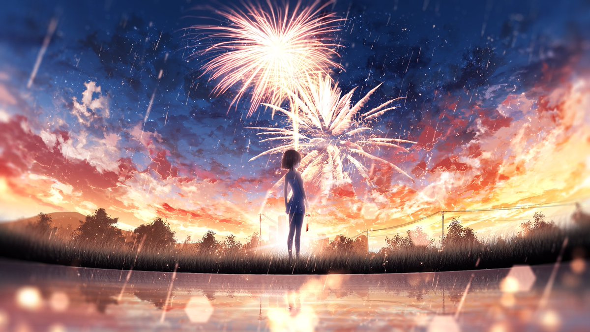 1girl fireworks sky scenery solo outdoors cloud  illustration images