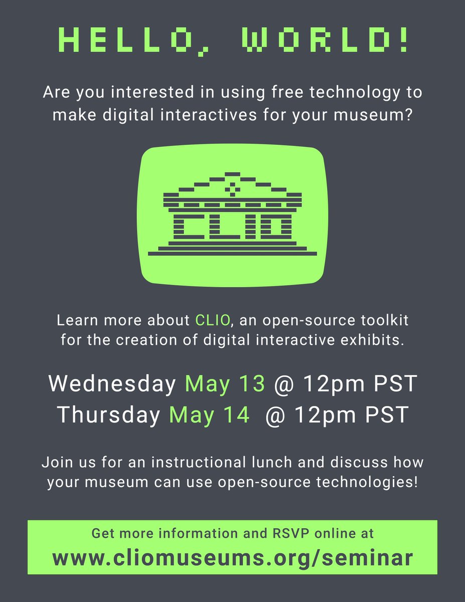 Interested in using free #opensource tech at your #museum?  Did you see our presentation at #MW20 this year want to know more? Join us for a lunch and learn next week to find out more about CLIO and a discussion about how your institution could use open source #musetech!
