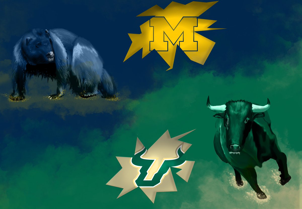 AmS_Designs_'s tweet photo. UofM and USF fan poster. Painting created with Photoshop. DM if interested in your own personalized poster!  #adobe #graphic #design #graphicdesign #poster #sportsfans https://t.co/bt5iftfGnI