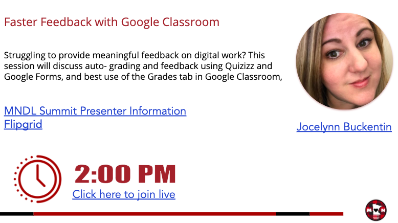 MinnesotaSummit's tweet photo. If you joined us for the #MNDLSummit and saw @MJjbuck 's presentation on Faster Feedback with Google Classroom, share with us something you took away from the session. Share here or on our @Flipgrid
 https://t.co/kZHrZVNEyd 

#inspiredtoshare https://t.co/N0OqT8SJS7