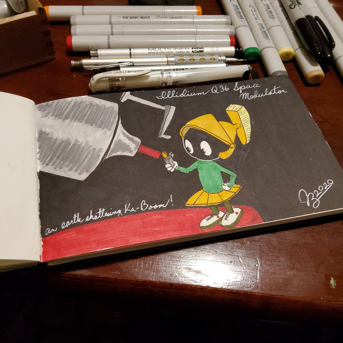makebrooklyn's tweet photo. Today's @TURGdesign #lockdownthrowdown word is #weapon so of course I immediately thought of #MarvinTheMartian and the Illidium Q-36 space modulator and it's promise of an #earthshattering #kaboom

#maker #art #copic #markers #ink #illidium #q36 #spacemodulator #bugsbunny https://t.co/zyYFDtpcxY