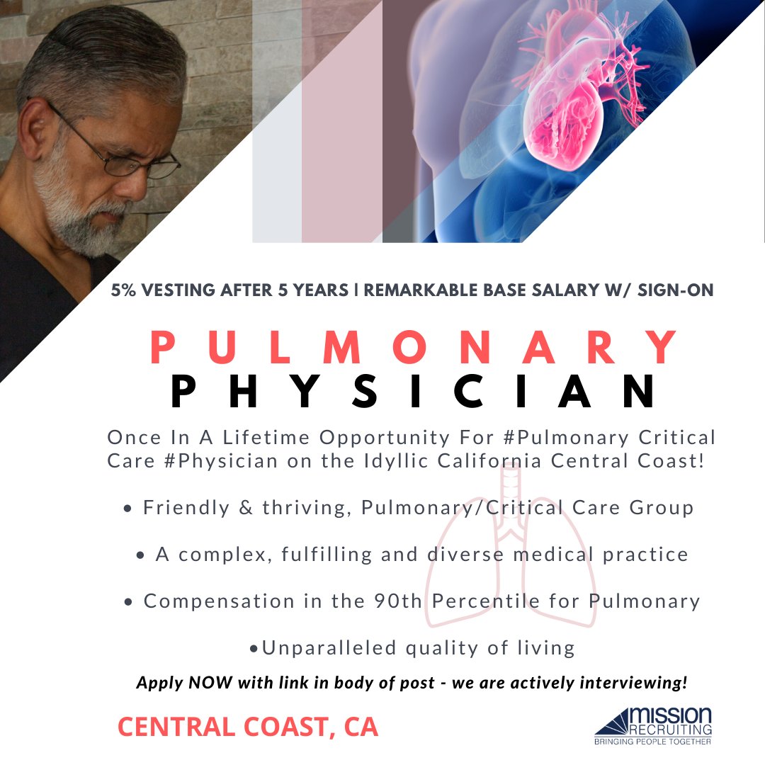 missionrecruits's tweet photo. Once In A Lifetime Opportunity For #Pulmonary Critical Care #Physician on the Idyllic California Central Coast!
More info & application: https://t.co/whprr1Mmyc
#criticalcare #pulmonology #pulmonary #physicianjobs #MD #DO #icu #respiratory #respiratorycare #pud #docjobs https://t.co/cr8mYTpGpG