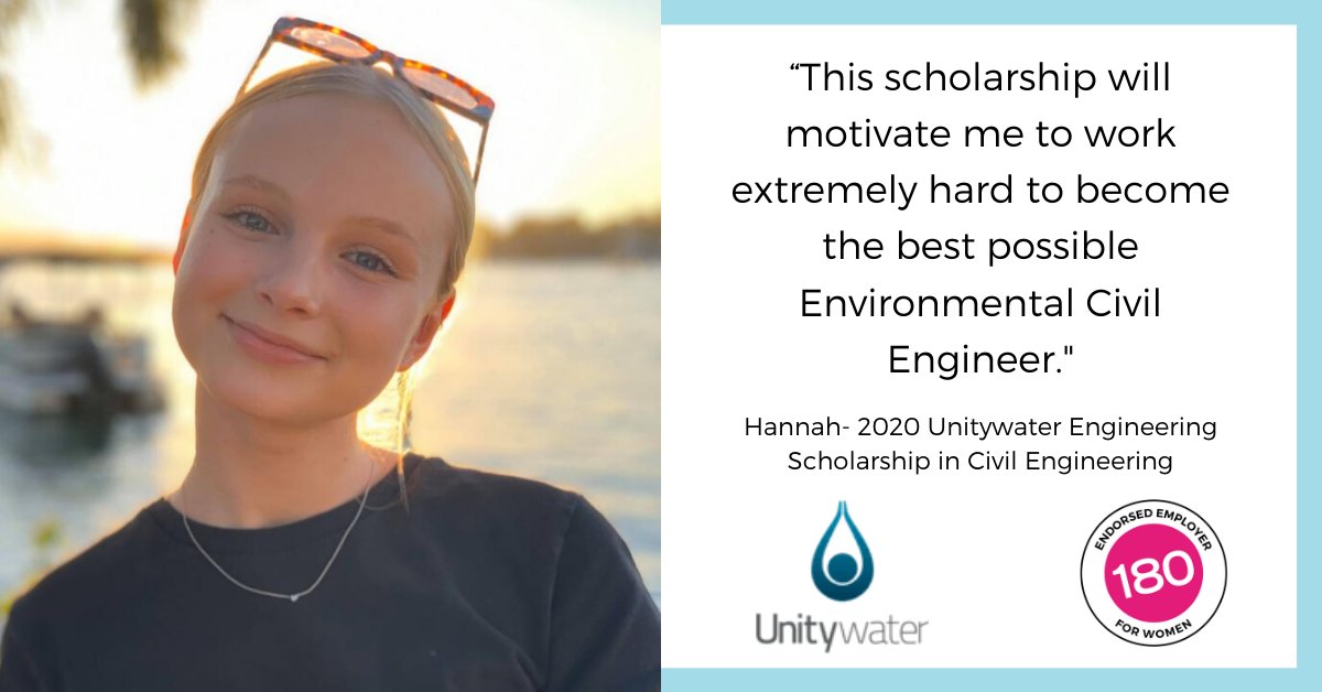 WORK180_'s tweet image. Congrats Hannah for being awarded the 2020 #Unitywater #Engineering Scholarship in Civil Engineering. Hannah will be invited to apply for the #Graduate Program upon completing her degree. Applications are now open for @Unitywater&apos;s 2021 #GraduateProgram: buff.ly/35ELIMD