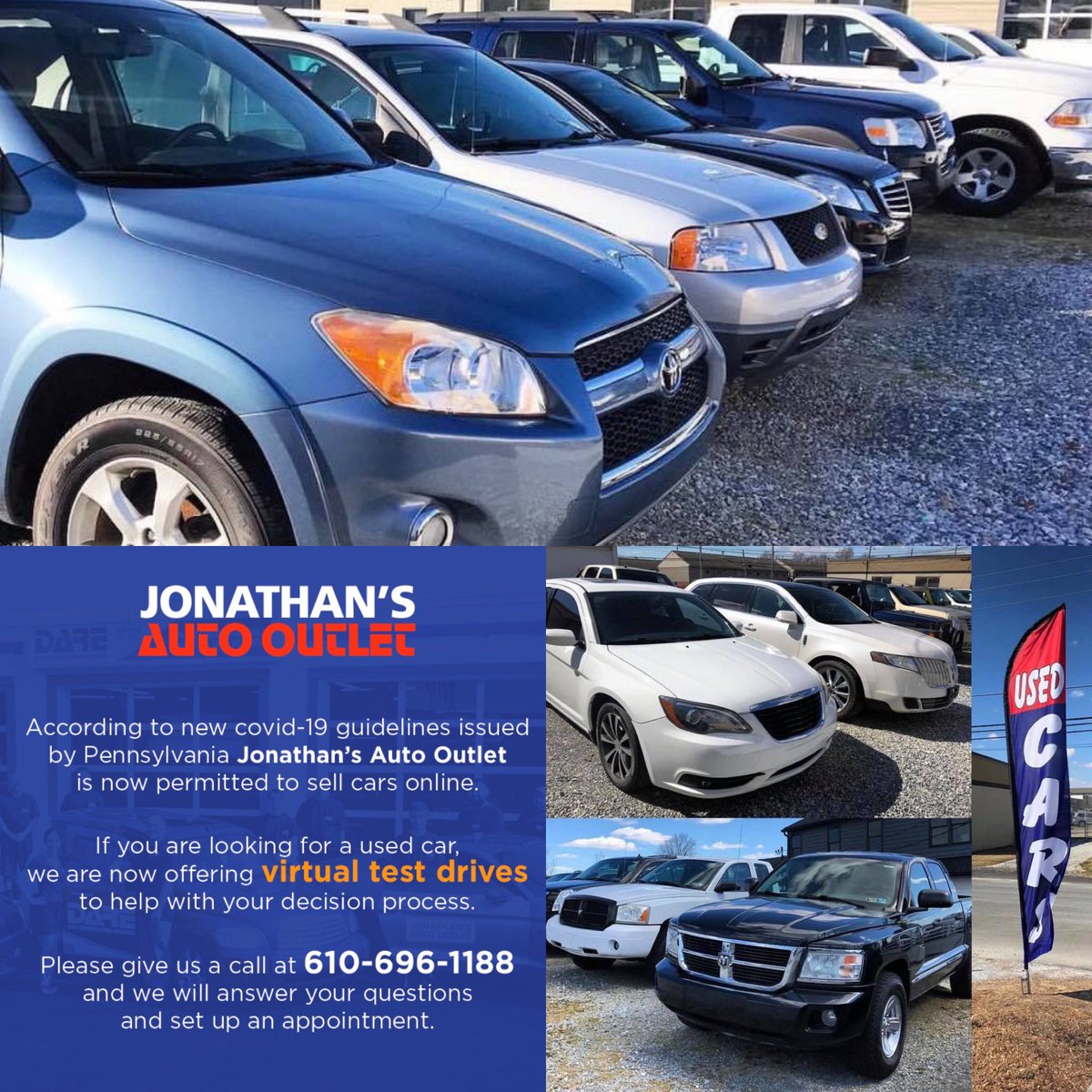 Dareauto's tweet image. Did you know @jonathansoutlet is now offering VIRTUAL Test Drives? We are doing our part to encourage social distancing &amp;amp; are here to help in any way possible! 🚗 Give Jonathan’s a call today to see how we can help you - 610-696-1188