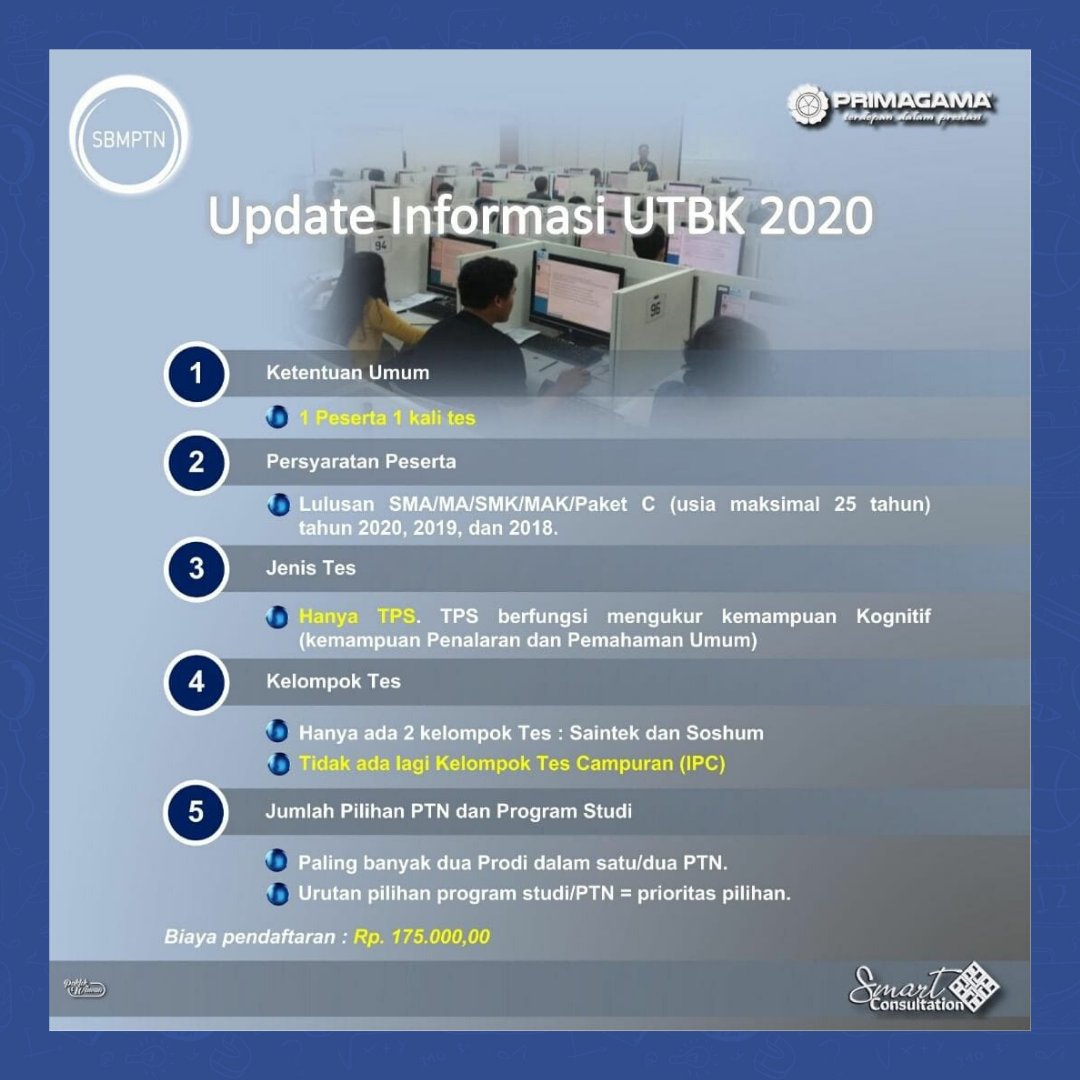 PrimagamaID's tweet photo. Haii Smartgen.. Berikut ini informasi tentang UTBK-SBMPTN 2020. Mau info lebih banyak lagi? Segera hubungi cabang PRIMAGAMA terdekat yaa.
#primagama #akuprimagama #smartgeneration https://t.co/wrz7v4zBDN