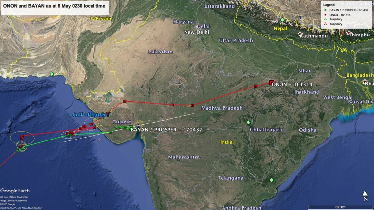 Meanwhile BAYAN is now in Gujarat, 25km west Bhavnagar. Meanwhile. He who was in Somalia on 2nd May has crossed Arabian sea. ONON hasn’t taken much of a rest. He’s moved another 800km and is now far eastern Madhya Pradesh, 30km north of the town of Singrauli. Incredible.