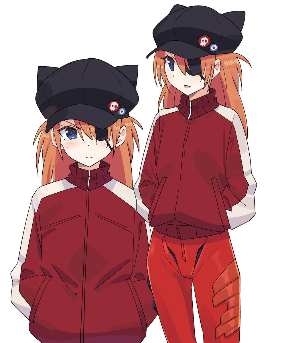 souryuu asuka langley 1girl hat eyepatch jacket blue eyes multiple views long hair  illustration images