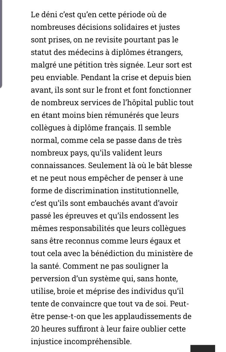 Emnou85's tweet photo. La France comme le décrit @fbdlm baigne dans un deni discriminatoire malsain.
C'est notamment le cas des #padhue qui sont le meilleur tribut que l'état a trouvé pour faire tourner les hopitaux publiques désertés de tous.
Une telle injustice relève des droits de l'homme. #justice https://t.co/NBLkhow9Nt