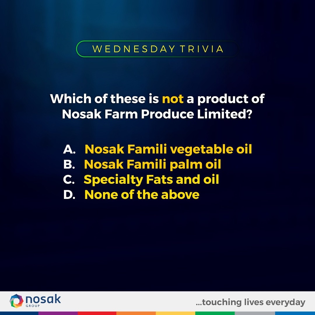 nosakgroup's tweet image. Nosak Farm Produce Limited offers a variety of oil products. Which of these options is the brand not known for? #NosakGroup #Subsidiaries #Nosakfarmproducelimited #Wednesday #WednesdayTrivia #TouchingLives