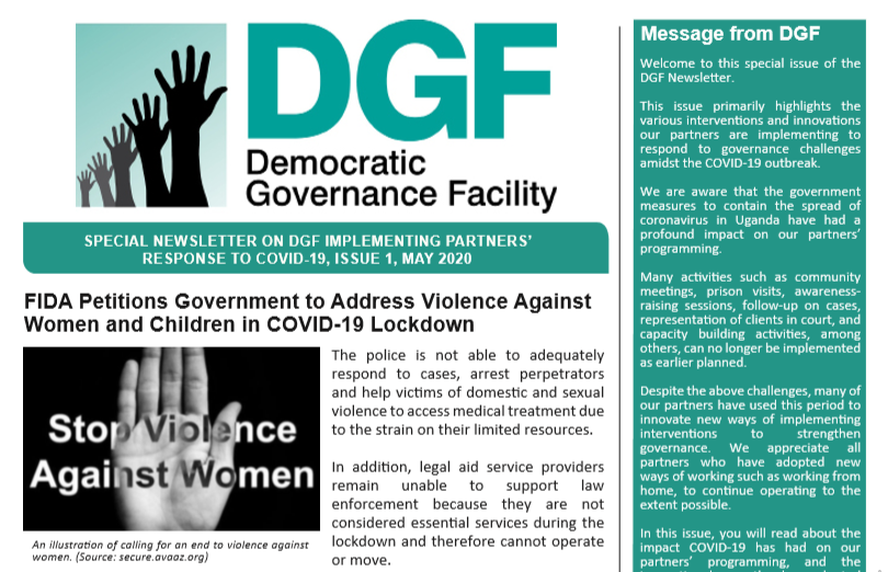 DGFUganda17's tweet photo. Special Newsletter on DGF Implementing Partners’ Response to COVID-19, Issue 1, May 2020

Read about the various interventions and innovations DGF partners are implementing to respond to governance challenges amidst the COVID-19 outbreak. 

Follow link: https://t.co/g6A0Pc17vh https://t.co/Z2iw1e8Xds