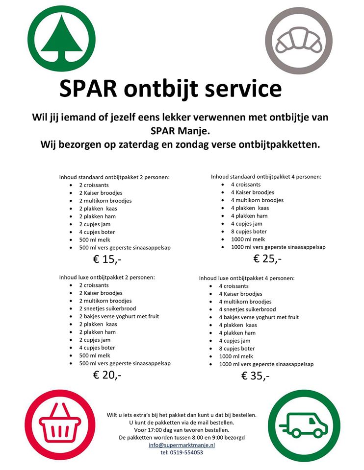 Papa's en kinderen opgelet ! Het is zondag 10 mei moederdag. De dag om je moeder te verrassen met een ontbijt van SPAR. Dan begin je je dag goed en #verder. 
Voor meer informatie en bestellen bel 0519-554053 of mail naar info@supermarktmanje.nl