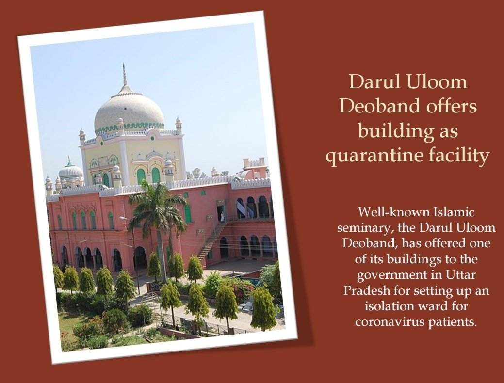 Darul Uloom  #Deoband offers one of its buildings to serve as isolation ward for  #COVID19 patients via  @PTI_News More here:  https://bit.ly/3c4x2Jb 