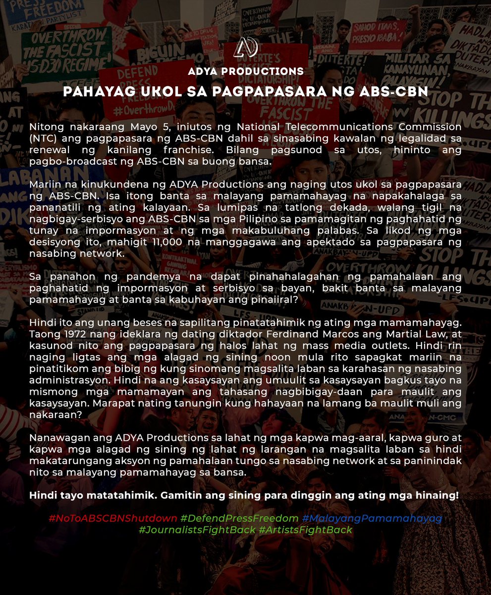 artsndesignSSAM's tweet photo. Sa panahon ng pandemya na dapat pinahahalagahan ang paghahatid ng impormasyon at serbisyo sa bayan, bakit banta sa malayang pamamahayag at sa kabuhayan ang pinaiiral?
#NoToABSCBNShutdown
#DefendPressFreedom
#MalayangPamamahayag
#JournalistsFightBack
#ArtistsFightBack https://t.co/zOjnsmueDI