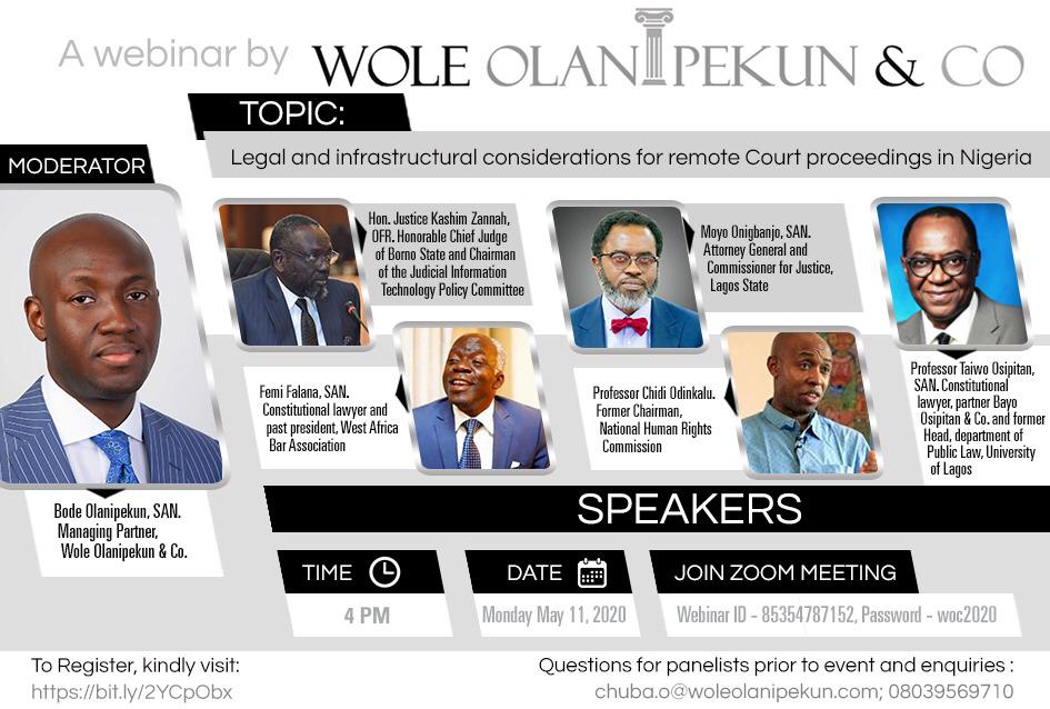 ChidiOdinkalu's tweet photo. Amidst the #COVID19 challenge for the administration of justice, #RemoteJustice is advertised as the answer. Many find it exciting. Some think it's necessity. For others it's exotica. Join us on 11 May in a conversation on #TechingJustice. How can we achieve #TechWithJustice? https://t.co/pTDC7yaix9