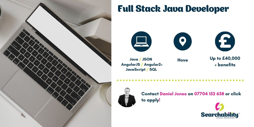 Full Stack #Java Developer needed to join a #gaming company in #Hove - salary up to £40K! Technical requirements include #Java #JSON #AngularJS #Angular2+ #JavaScript #SQL call <a href="/SearchableDan/">Dan Jones</a> on 07704 152 638 for more info or click on the link to apply searchability.com/jobs/full-stac…