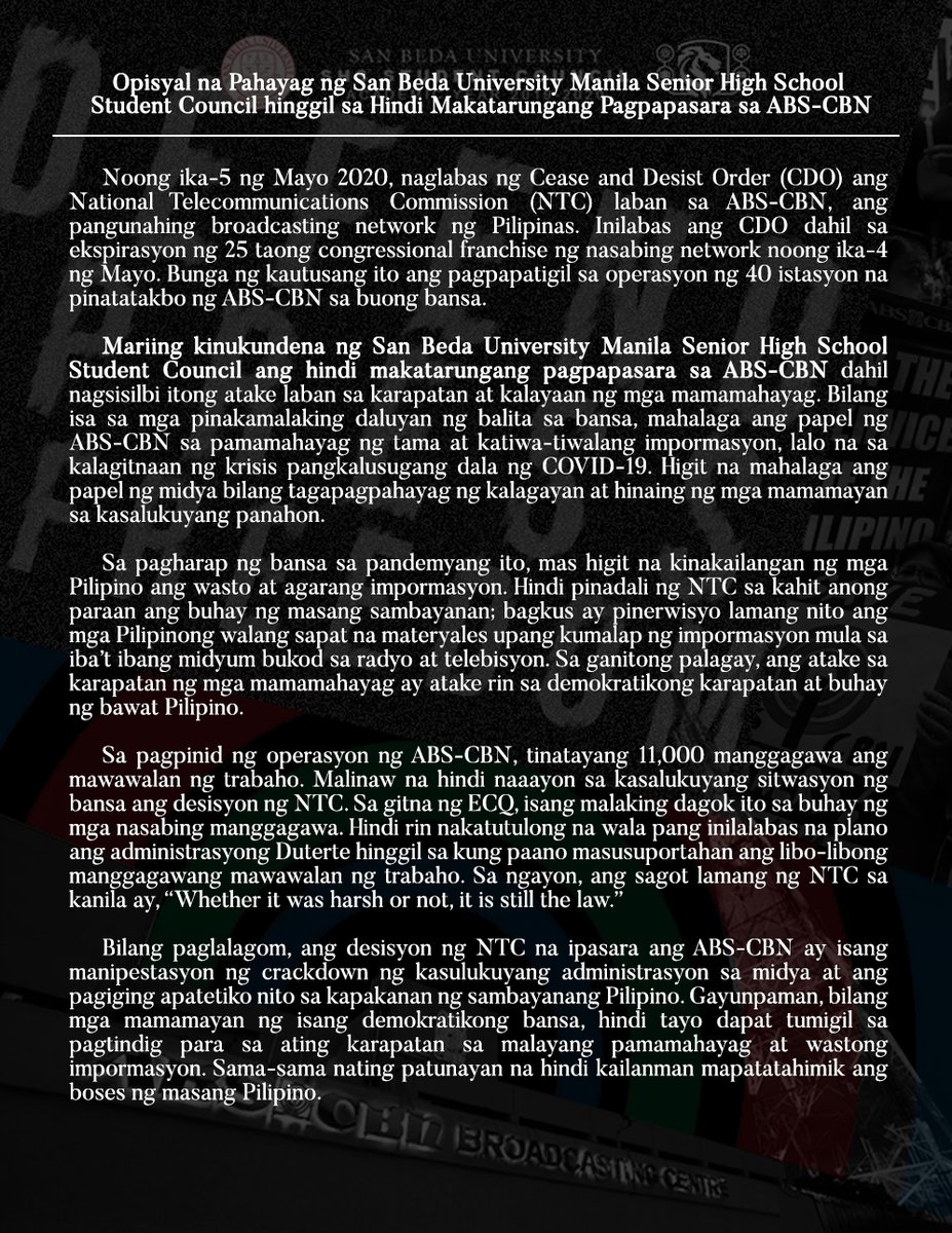 sanbedashssc's tweet photo. Opisyal na Pahayag ng San Beda University Manila Senior High School Student Council hinggil sa Hindi Makatarungang Pagpapasara sa ABS-CBN

Mga Bedista ng bayan, tumindig para sa demokratikong karapatan ng mga Pilipino! Boses ng masa, protektahan at palakasin!

#NoToABSCBNShutdown https://t.co/ATXrjPmjxS