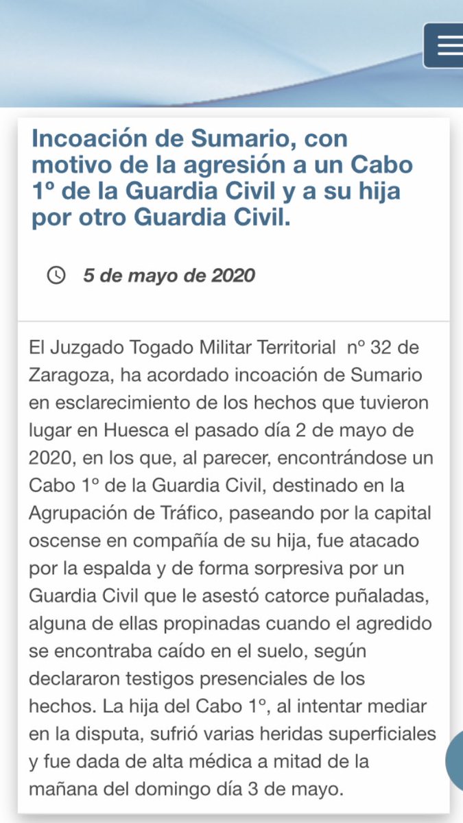 mcasadoaume's tweet photo. Un suceso muy grave. Incoación de Sumario, con motivo de la agresión a un Cabo 1º de la Guardia Civil y a su hija por otro Guardia Civil por el Juzgado Togado Militar Territorial  nº 32 de Zaragoza. https://t.co/BrpBHN8Aft