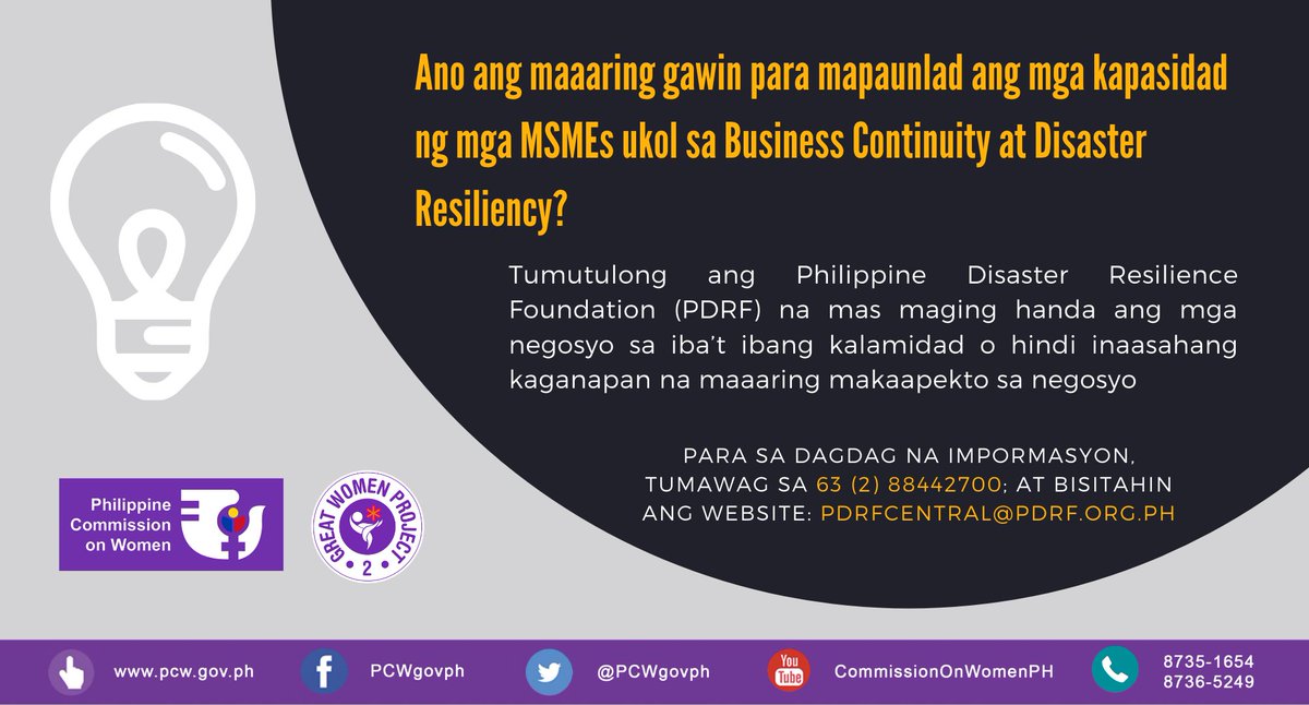 PCWgovph's tweet image. Ano ang maaaring gawin para mapaunlad ang mga kapasidad ng mga MSMEs ukol sa Business Continuity at Disaster Resiliency?

Para sa impormasyon, makipag-ugnayan sa kanila sa numerong +63 (2) 88442700 o email pdrfcentral@pdrf.org.ph.

#WEEwillSurvive #WEEcanbeatCOVID19 #WEEcandoit
