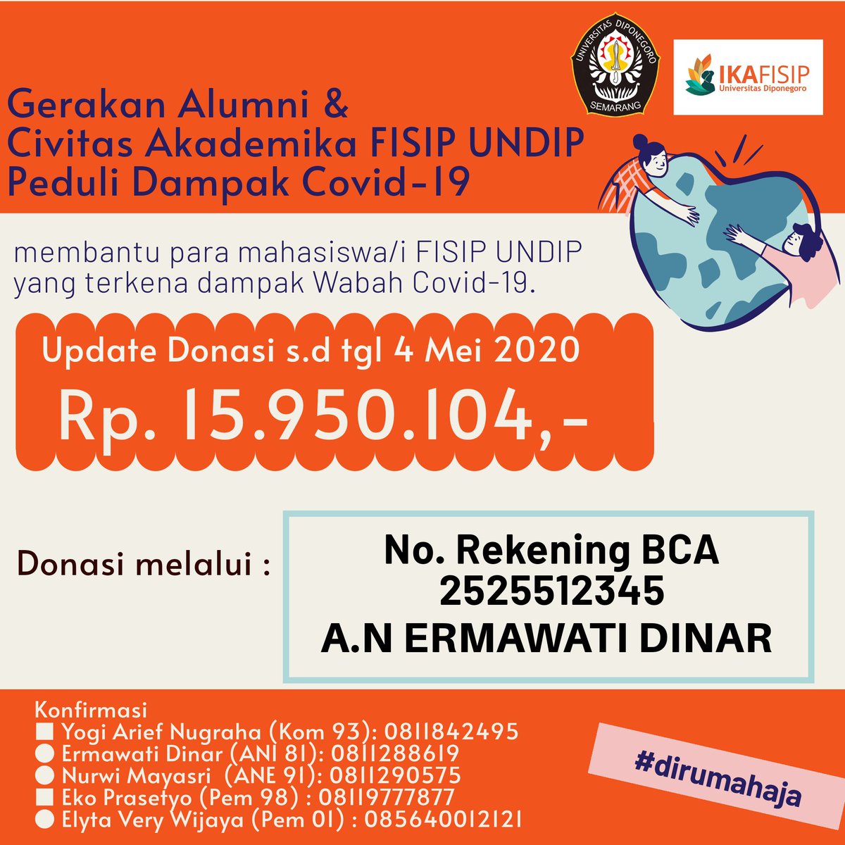Gotong royong membantu adik adik mahasiswa/i FISIP UNDIP yang terkena dampak Wabah Covid-19. 
Bantuan akan disalurkan dalam bentuk tunai/logistik kpd para mahasiswa FISIP UNDIP yg membutuhkan &amp; terdampak wabah #COVID19

#dirumahsaja
#BersamaLawanCovid19
#gotongroyongbantusesama
