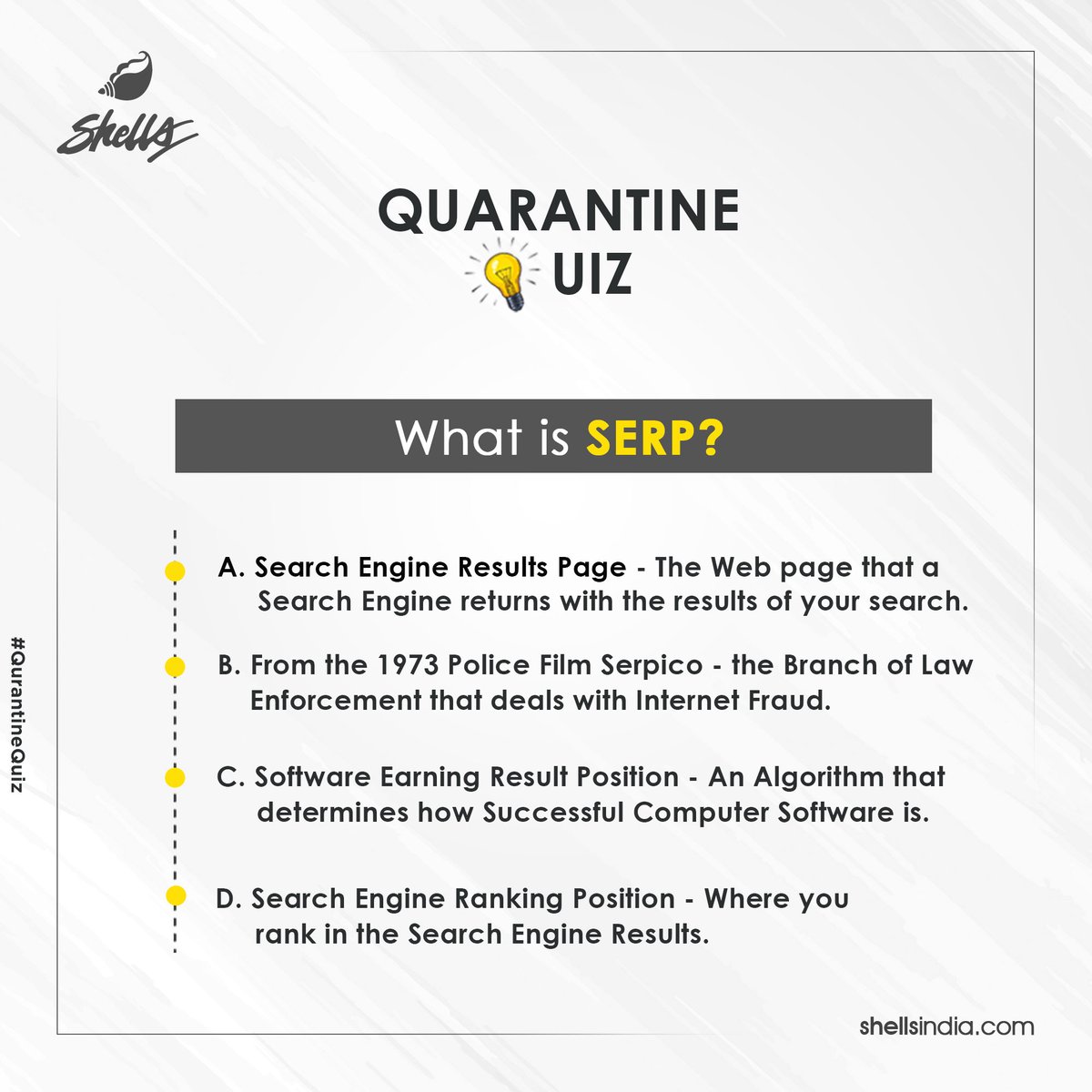 ShellsAdInc's tweet photo. #QuarantineQuiz - "SERP" is the most important part of a SEO and acronyms could be confusing and if you're guessing, we have options for you!
.
.
.
#Quiz #DigitalMarketing #SocialMedia #Marketing #ShellsAdvertising #SEO #Business #Advertising https://t.co/Y8L3DLJLNW