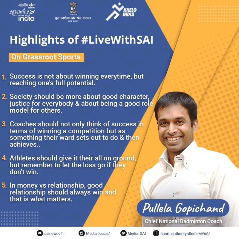 Media_SAI's tweet photo. Chief National Badminton Coach, #PullelaGopichand, shares his views on the importance of grassroots sports. Watch his interesting session now on YouTube.
▶️ https://t.co/wp8qrPCalt
#IndiaFightsCorona #LiveWithSAI
@KirenRijiju @DGSAI @RijijuOffice @PIB_India @PMOIndia https://t.co/UXJf4J9H0W