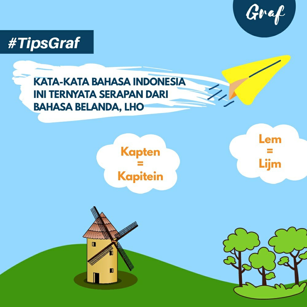 graflit_id's tweet photo. Sudah tahu belum? Beberapa kata dalam bahasa Indonesia ini "tidak asli" alias merupakan serapan dari..bahasa Belanda! #TipsGraf https://t.co/FaLFqt2GkB