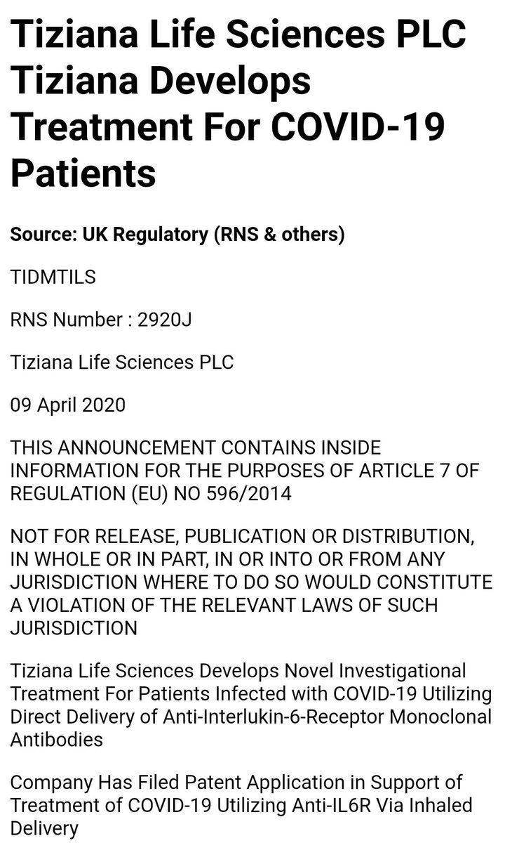  #TILS  $TLSA - IL-6 & Covid-19:Study launched into TILS fully human IL-6 inhibitor in relieving covid symptoms.Patent filed on unique inhaler delivery system. Recent acquisition of IP with Covid applications. Covid put TILS on the map, however,,,,,Cont.