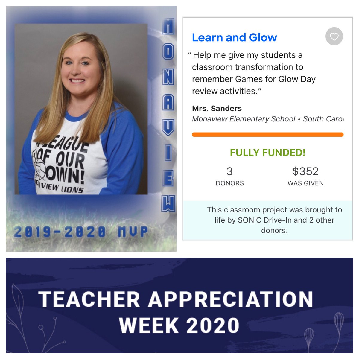 DMQUALLS's tweet photo. 9 @MonaviewES teachers, 10 FULLY FUNDED @DonorsChoose projects, &amp; $3,502 raised, thanks to the #GivingTuesday Campaign! Our teachers are creating projects to send educational
 resources directly to students at home, &amp; I couldn’t be more proud! #MonaviewMoments #ThankATeacher https://t.co/Z5wr4pUBKe
