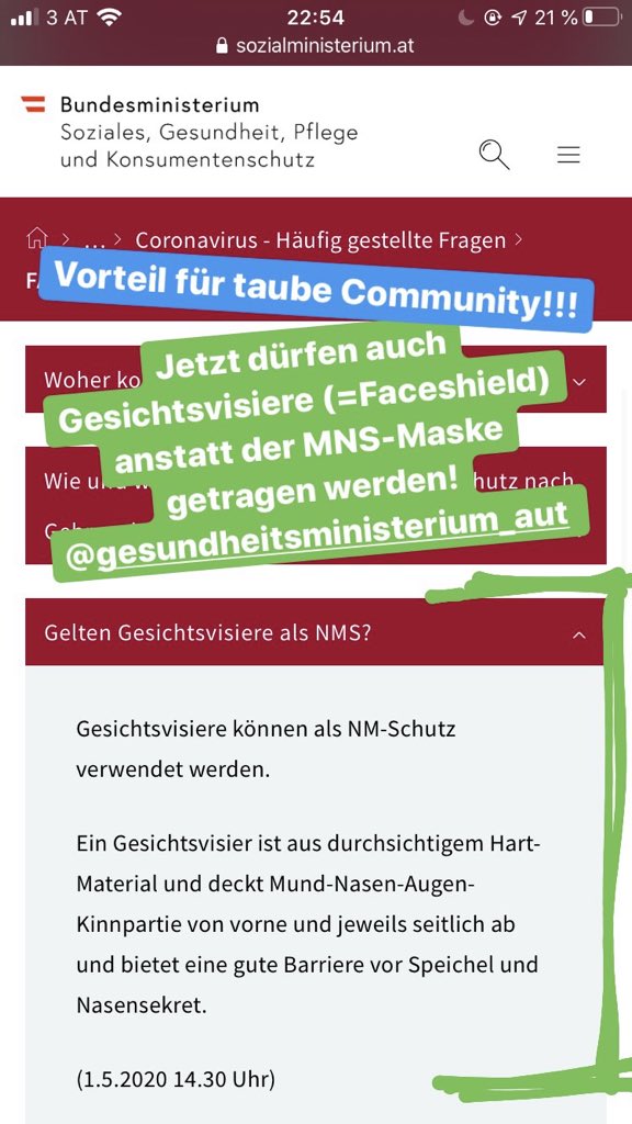 Jetzt dürfen auch Gesichtsvisiere anstatt der MNS Maske getragen werden! Vorteil für taube Community! <a href="/BIZEPS/">BIZEPS</a> <a href="/floriangravogl/">Florian Gravogl</a> <a href="/LukHub/">lukhub.bsky.social</a> <a href="/hjarmer/">Helene Jarmer</a> <a href="/WITAF/">WITAF</a> @behindertenrat_