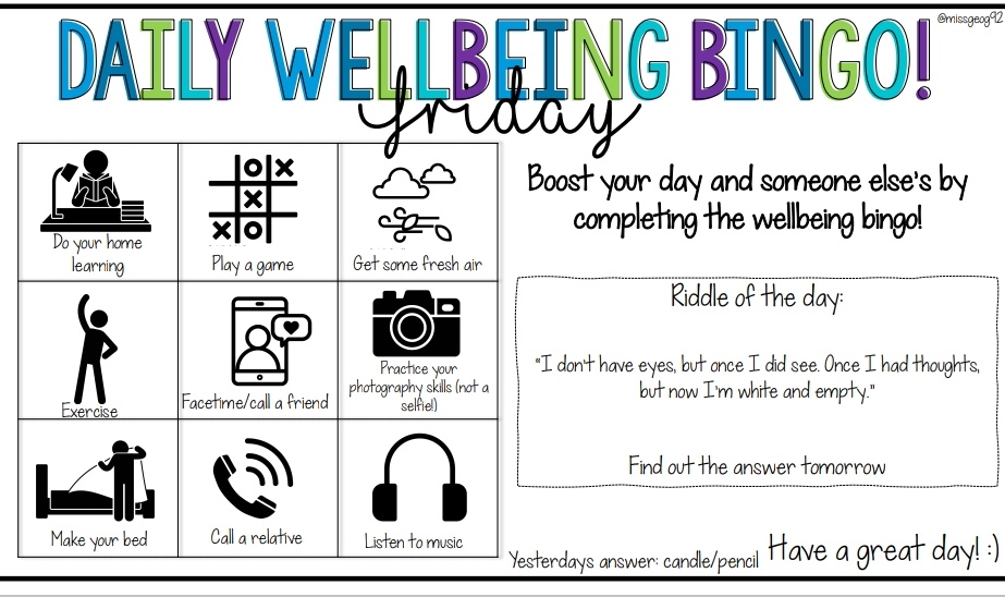 missehay's tweet photo. @KirkcaldyHigh Wellbeing Challenge 47
Today I am cheating and sharing some good resources and news! Why not give @KHSSocSub Wellbeing Bingo a go today? Or read the heartwarming story of our Serenity Garden? Or find your own resource/story that makes you feel good today! https://t.co/eWTjdxREg2