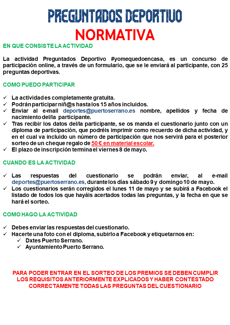 DxtesPtoserrano's tweet photo. PREGUNTADOS DEPORTIVO

Últimos 3 días para poder participar en esta actividad organizada por la Delegación de Deportes.
☑️ Gratis
☑️ Hasta los 15 años de edad.
☑️ Enviar un E-mail a deportes@puertoserrano.es con los siguientes datos:
🔸 Nombre y apellidos.
🔸 Fecha de nacimiento. https://t.co/c3UwTuFYDj