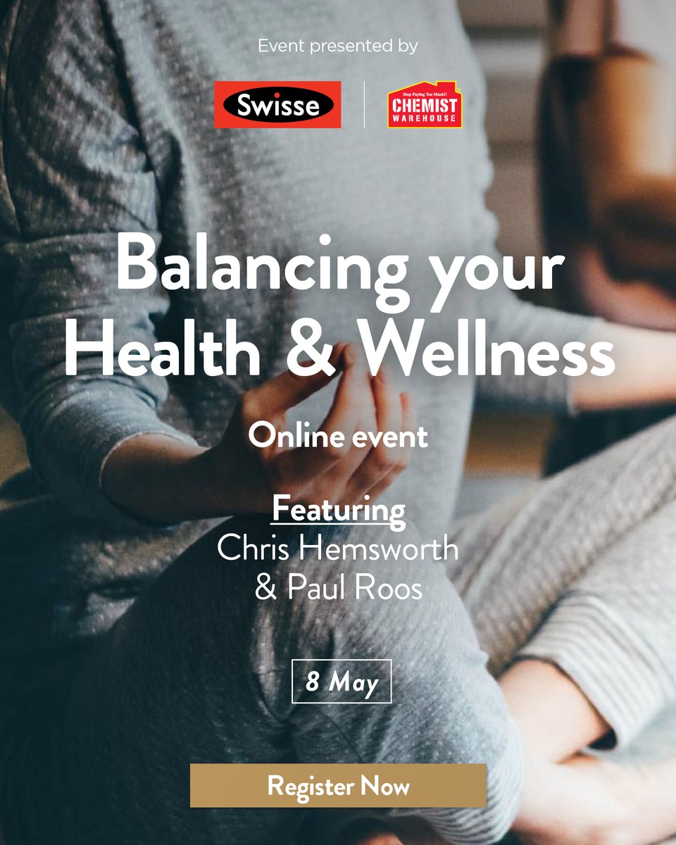 Join us this Friday, 8 May at our FREE online wellness event and hear from <a href="/chrishemsworth/">Chris Hemsworth</a> and <a href="/paulroos1/">Paul Roos</a>. Learn about how you can better support your health and wellbeing. #SwisseWellness
 
Register now via the link: tixstar.delegateconnect.co