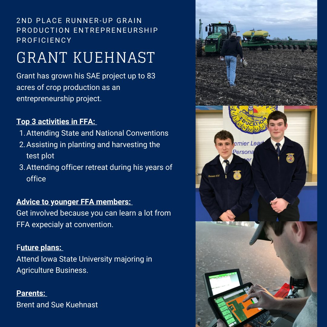 Congratulations to Grant Kuehnast on earning 2nd Place Runner-Up in Grain Production Proficiency in Iowa!