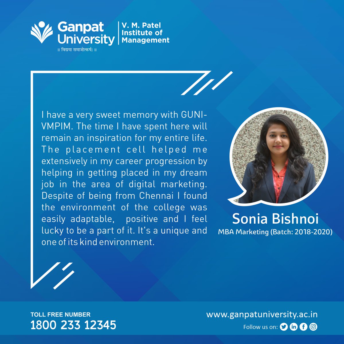 VMPatelInstitu1's tweet photo. Sonia Bishnoi shared her experience about Placement activities at Ganpat University - GUNI, India
#studentsuccess #studentlife #campus #life #bschool #experience #Career #MBA #MBAlife #VMPIM #GUNI #ganpatuniversity https://t.co/5OyUtamQ9c