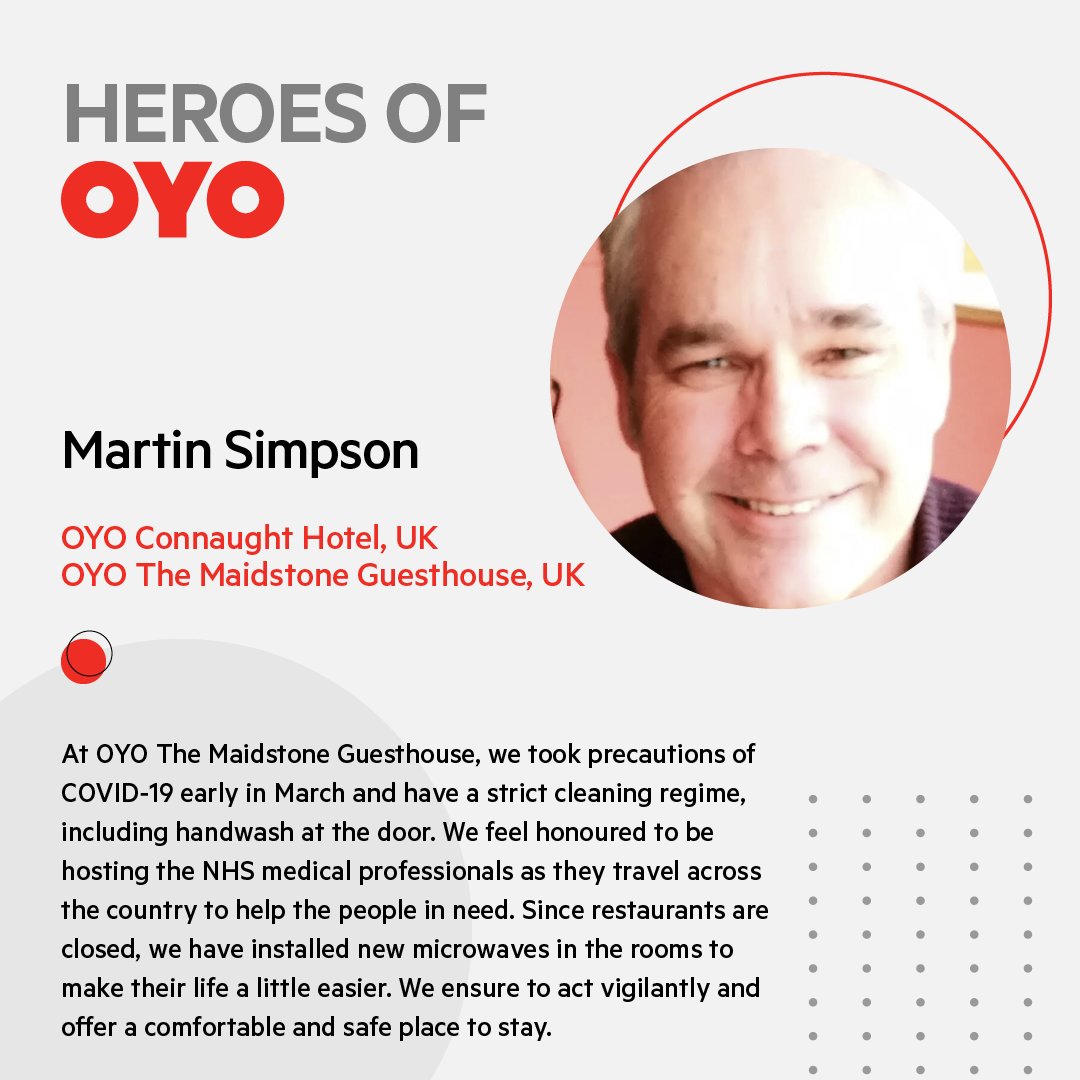 OYOUK_'s tweet photo. We thank Asset Partners like Mr. Martin Simpson who’ve stepped up during the crisis and continue to care for their guests in the best way possible. Their resolve keeps us motivated to help out anyone stranded, get a safe space to stay. 
#caringforcaregivers #HerosofOYO #COVID19 https://t.co/IqZmkUu9VV