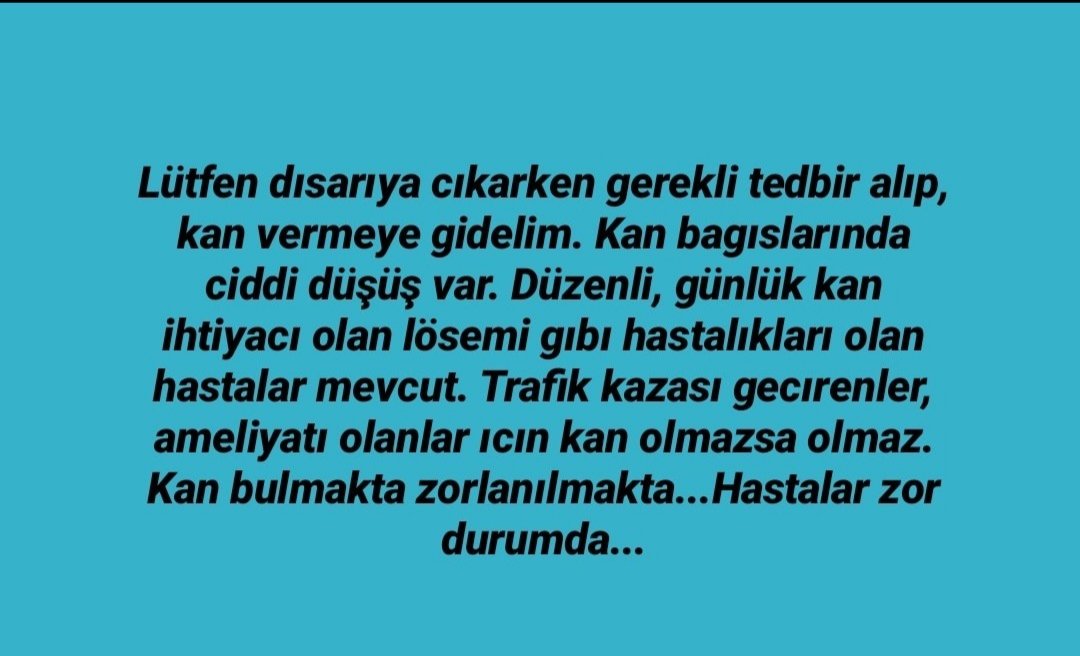 Çok acil! Lütfen destek!

Hatay, Antakya Mustafa Kemal Üniversitesi Genel Cerrahi Bölümü'nde tedavi gören Fatıh Yazgan için çok acil 
0 Rh (+) KAN ihtiyacı var!

0505 052 0986
Önce ARAYINIZ!
Lütfen gerekli tedbiri alıp kan vermeye gidelim 
<a href="/KizilayDestek/">Kızılay Destek</a>
@MajkaBosnaAnne 
<a href="/unaaaB/">Banu ♣️</a>