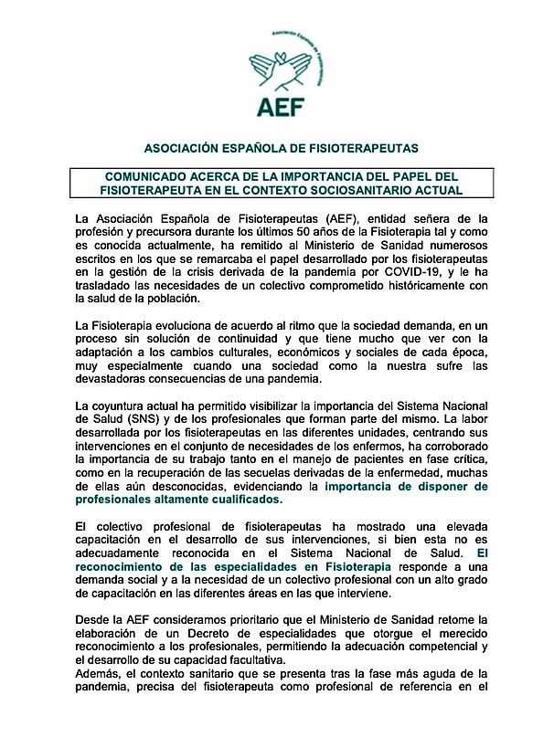 aefisio's tweet photo. 📌 ¡Buenos días! Comunicado sobre la  #importancia del #fisioterapeuta @FisiosAragon @cofiga @COFEXT @coflarioja1 @cgcfe  @WCPT1951 @ERWCPT @ekstokes @jkruger71 @sanidadgob @salvadorilla  @Fernando_RamosG  #Fisioterapia #COVID19 https://t.co/vXTJPSbbdl https://t.co/RinpyUoY52