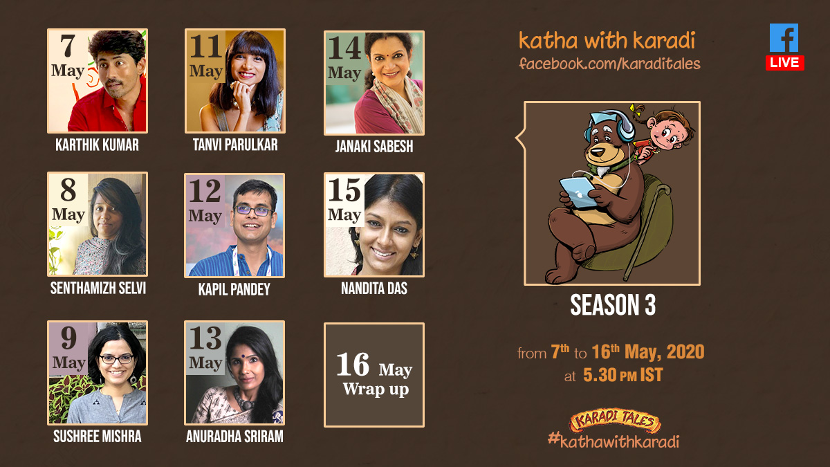 karaditales's tweet photo. Here's our #KathaWithkaradi Season 3 line up and we couldn't be more excited to begin!
See you all soon for new sessions every day at 5:30 PM on https://t.co/wapd6UMwwb!
#karaditales #BookWeek2020atHome #stortytelling #storytime #stayhomestaysafe #thingstododuringthelockdown https://t.co/yGBmTv7roA
