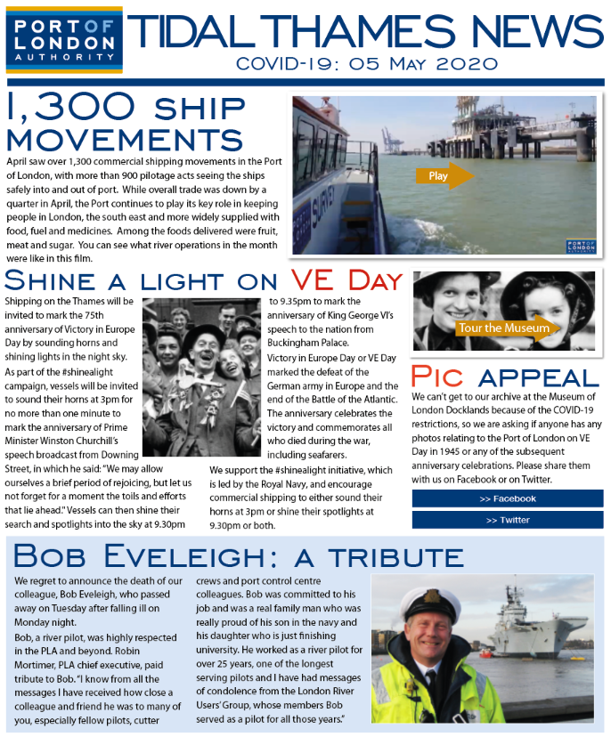 LondonPortAuth's tweet photo. The latest #TidalThamesNews is out now! This week we look at plans for #VEDay anniversary celebrations, how the crew on a cruise ship laid up at Tilbury is supporting the NHS and pay tribute to our colleague, Bob Eveleigh. 

Read it here: https://t.co/mG737yuMmX https://t.co/En7zOKMy73