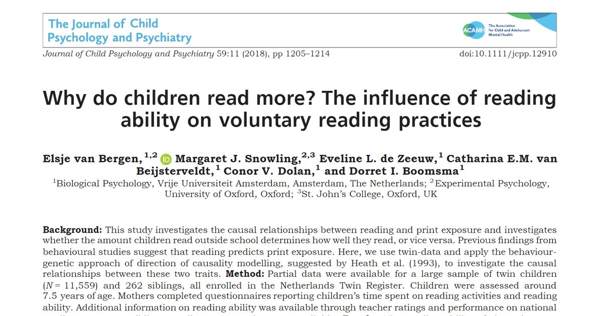 drElsje's tweet photo. I am late for this but our paper is among the top 10% most downloaded ones in @TheJCPP😀.
Individual differences in #ReadingAbility predicted #PrintExposure, rather than vice versa.
https://t.co/WNmQv7MJL9 by @NTRscience & @OxExpPsy
#TopDownloadedArticle https://t.co/76iHyZRMTb