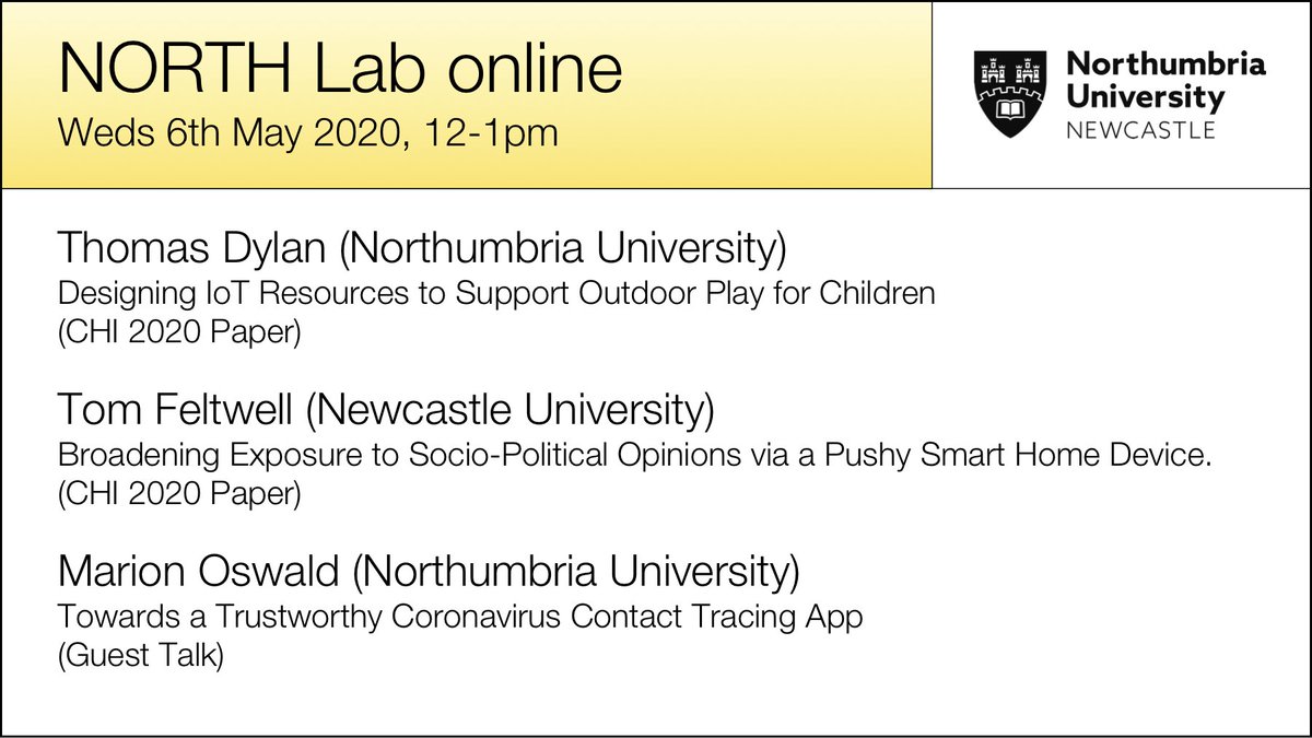johnrooksby's tweet photo. The @NORTHLabHCI online seminar today (Weds 6th May, 12-1 UK) will feature #chi2020 talks by @tfeltwell and @shapingstuff plus a guest talk by @Marion_InfoLaw - Everyone welcome, invite here: https://t.co/3f7BdMqI1f (or email john.rooksby@northumbria.ac.uk) https://t.co/21BH2uMpHE