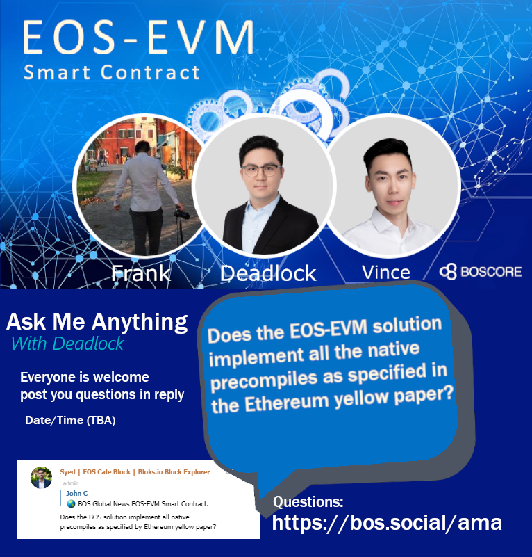 🥁 EOS-EVM Ask Me Anything with @deadlockBOS

Join us in this AMA, everyone welcome #EOS #ETH #BTC communities broader ecosystem around the world as we share the technical engineering of this breakthrough technology EOSIO #BOSCore Multi-Engine #blockchain

 ↩️Reply ? 💓Heart 🔁RT