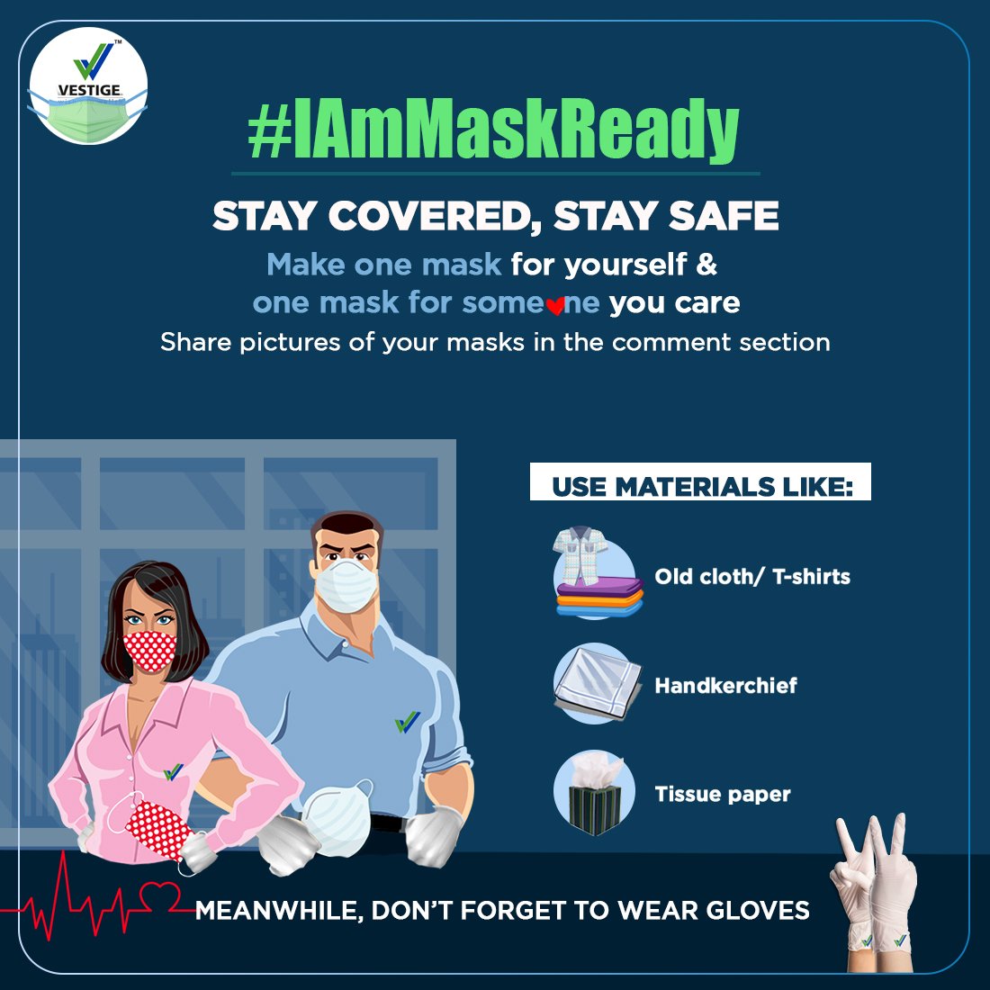 vestigemkt's tweet photo. Suit-up with masks & gloves.🧤😷🧤
Join the #IAmMaskReady crew, make two masks - one for yourself & the other to guard someone else too.
Use materials like old cloth/t-shirt, tissue, or handkerchief.
Share the pictures of your masks in the comment section.
#WishYouWellth https://t.co/nPoMpITfUG