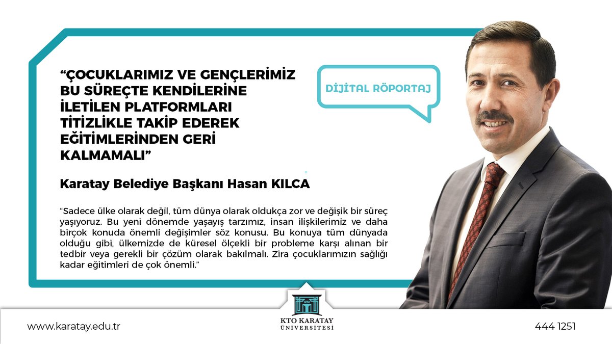ktokaratay's tweet photo. E-Bültenimizin Nisan sayısında Karatay Belediye Başkanımız @hkilca ile eğitim hayatı, Karatay ilçesi ve #Koronavirüs sürecine dair röportaj gerçekleştirdik. 
  
Röportaj için:

⬇️⬇️⬇️

https://t.co/1oufPtjI69

#DijitalÜniversite https://t.co/CgoV5aZbtq
