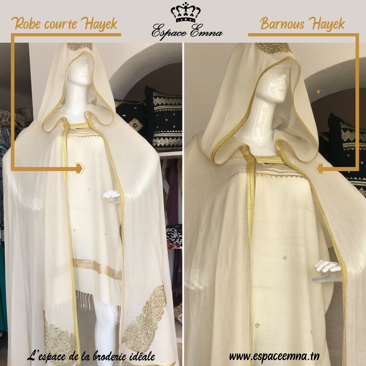EspaceEmna's tweet photo. Magnifique confection d'habits traditionnels pour les mariées 👰  2020 : Une robe courte et un Barnous Hayek de même couleur, bordés et assortis pour Hammam Aroussa. 
Brillez d’élégance le jour de votre Hammam et vivrez une fête inoubliable avec Espace Emna.

#tunisiangirl #hayek https://t.co/FSe7j4ERDV