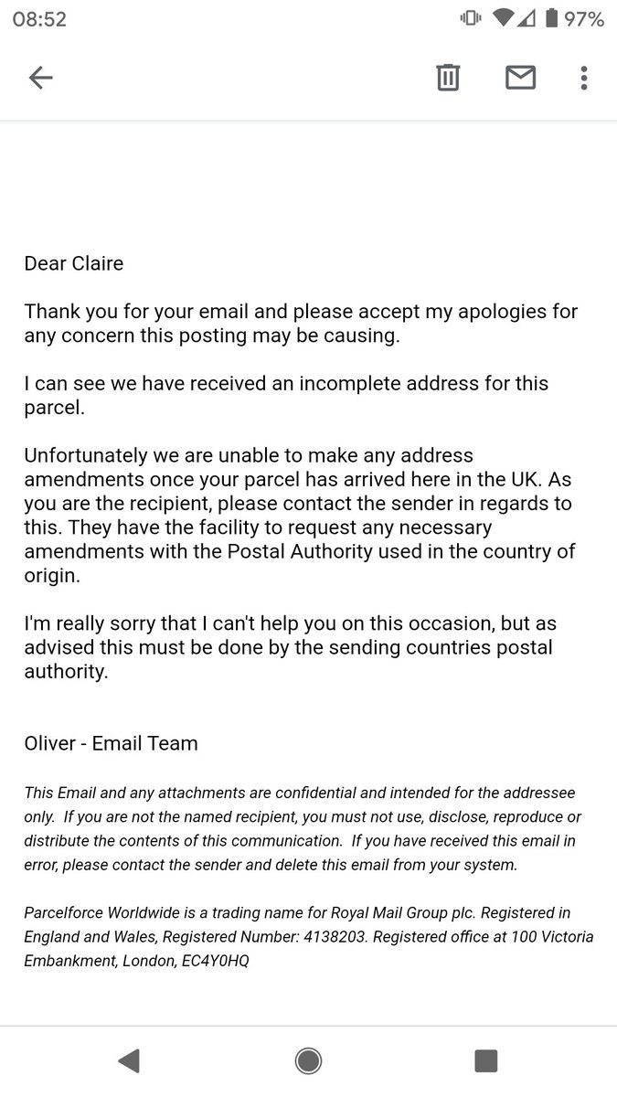 Noylette's tweet photo. @deporvillage The response from parcel force following your advice. This is like a game of tennis. Can this please be sorted asap? Original order no. 900068938 https://t.co/Tjz9lG49Ev