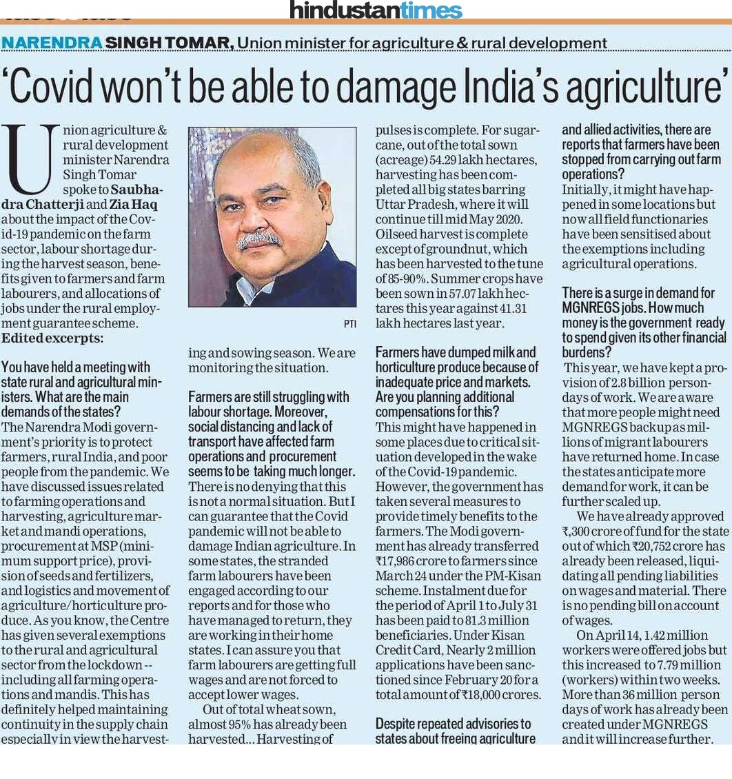 nstomar's tweet photo. #COVID19 भारत की कृषि को कोई नुकसान नहीं पहुंचा पायेगा...

#IndiaFightsCorona @HindustanTimes https://t.co/NAMZWDHy2X