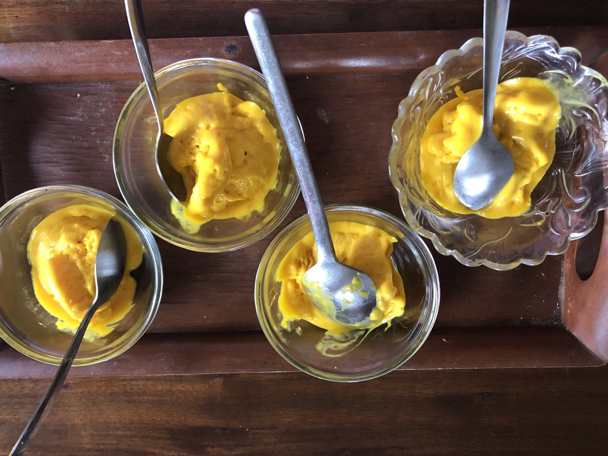 ShefVaidya's tweet photo. Homemade Mango Icecream, tastes even better than ⁦Naturals Ice-cream! Very easy to make, 2 measures fruit pulp, 1 measure milk, 1 measure milk powder, 1 measure sugar. 1 measure Malai. Blend everything together, deep freeze overnight in an airtight jar. My SIL’s recipe! https://t.co/S9EiuBqQOy