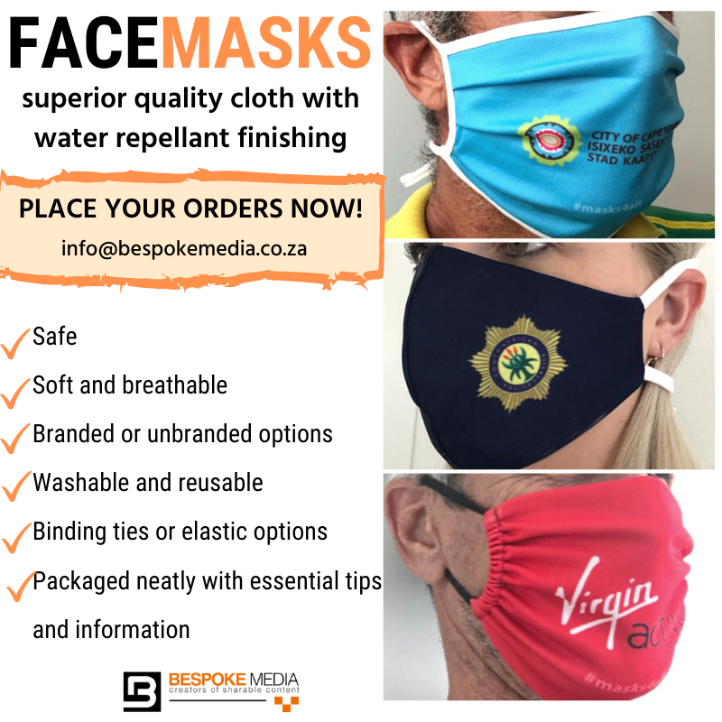 BespokeMediaSA's tweet photo. All options are available with either binding ties or elastic, and all masks are packaged neatly in individual packets, with essential tips and information.

If you are interested in placing orders, please email us at info@bespokemedia.co.za

#LocallyMade #BrandedMasks #Covid19 https://t.co/NcJrf2ohGD